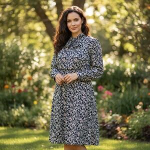 Allegra K Navy Floral Fit & Flare Midi Dress - Long Sleeve XS